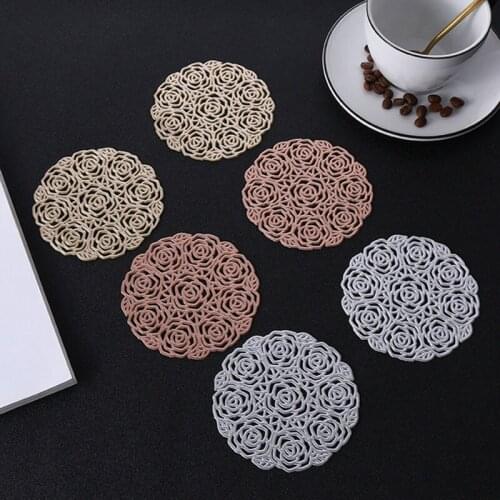 Nordic Style Cup Mat Coaster Creative Hollow Rose Floral Shape PVC Heat Insulation Mat for Table Decor Houisehold Kitchen Use