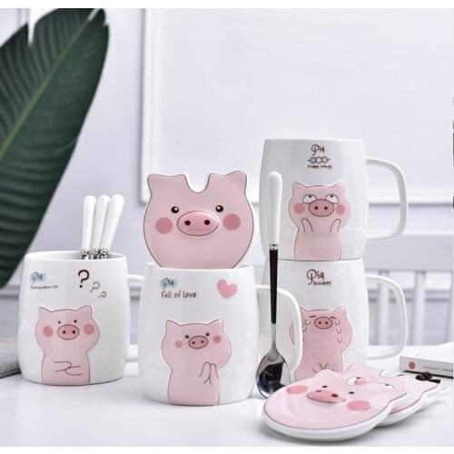 Creative cute piggy ceramic Mug cartoon cup with lid spoon coffee tea mug ceramic mugs and cup students Drinkware best gift