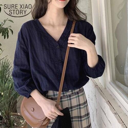 V-neck Lace Shirt Solid Cotton Women Tops and Blouses 2021 Korean Style Sweet Simple Shirt Women Office Lady Tops New 10914