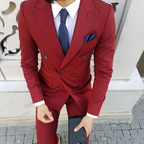 Vintage Wine Red Mens Suits Peak Lapel Double Breasted Men Wedding Suits 2020 Business Prom Formal Jacket+Pants