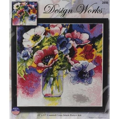 Gold Collection Counted Cross Stitch Kit Watercolor Anemones Anemone Purple Flower Bouquet Vase Flowers DW 2850