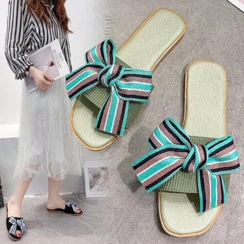 2021 Ladies' New Hot-selling Fashion All-match Bowknot Slippers, Beige, Black, Green