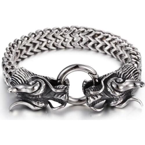 New Arrive Mens Heavy Strong Stainless Steel Solid Two Dragon Head Bracelet Multilayer figaro Chain High Quality 8.26