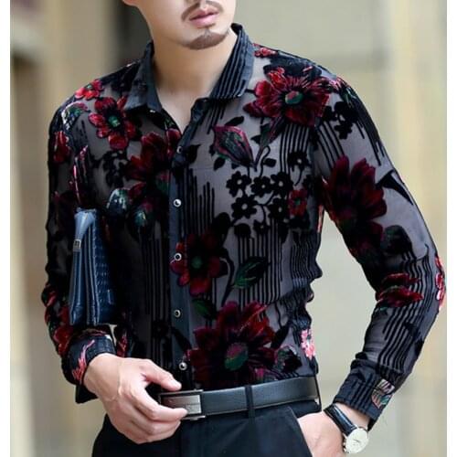 Fall Spring Fashion Mens Flower Velvet Full Sleeve Black Shirt , Male Casual Hollow Out Velour Shirts Men Floral Cardigan Blouse