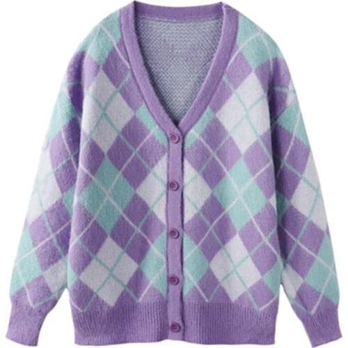 Autumn Winter Womens Knitted Sweaters Diamond Lattice Block Loose Female Cardigans Casual Lady Jackets V-Neck Woman Clothes