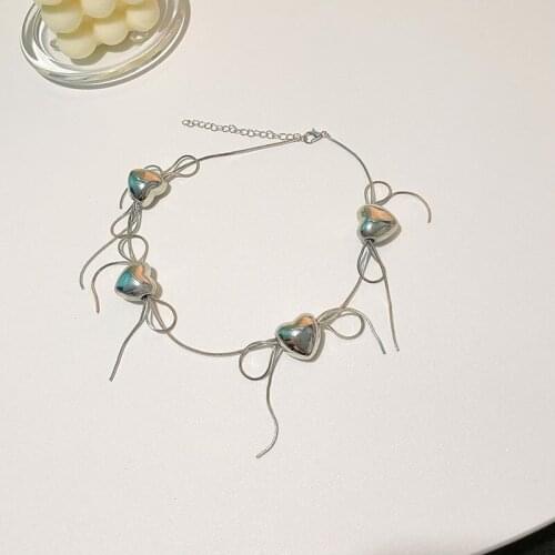 Origin Summer Temperament Love Heart Metal Chokers Necklace for Women Girls Bowknot Silver Color Hollow Tassel Necklace Jewelry