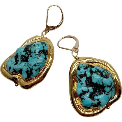 YYGEM Freeform Blue Turquoise With Electroplated Edge Necklace Edge Lever Back dangle Earrings ethnic style for women