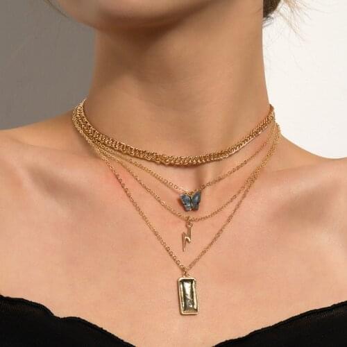 Vintage Fashion Multilayer Lightning Butterfly Pendant Necklace for Women Geometric Thick Chains Clavicle Necklace Jewelry Gift
