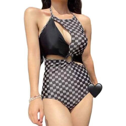Letter Print Stitching Sexy Hollow One-piece Halter Sexy Top Bikini High Streetwear Monogram M Letter Slim Bodysuit Swimwear