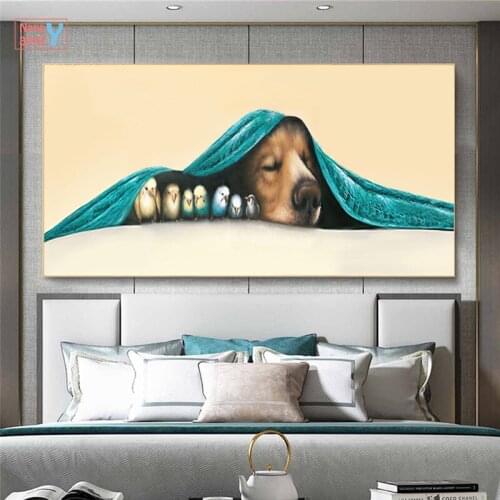 Warm Animals Poster Dog Sleep With Bird Creative Print Canvas Painting Kids Baby Bedroom Wall Art Decorative Pictures Home Decor
