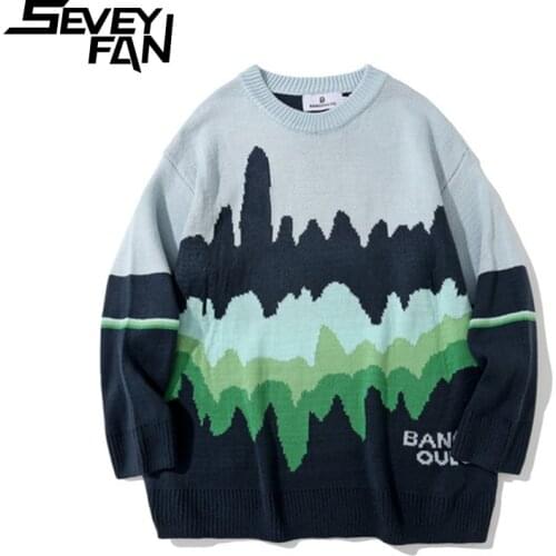 SEVEYFAN Mens Fashion Color Contrast Jacquard Sweaters BF Loose Cotton O Neck Kintwear Hip Hop Pullover Sweater for Couples