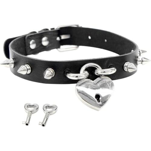 Stainless Steel Bondage Spike Choker Necklace Women Gothic Collar Goth Punk PU Leather Heart Key Lock Necklace on Neck Jewelry