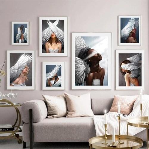 Sunshine Angel Girl Nordic Poster White Wings Canvas Painting and Prints Modern Wall Art Picture for Living Room Home Decoration