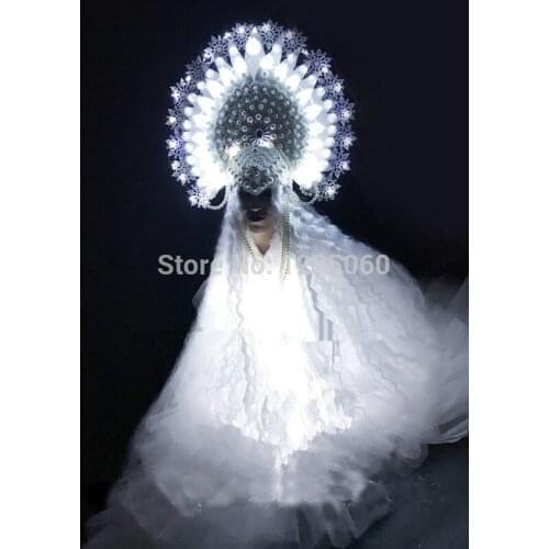 Led Light Up Ice Queen DS Party Dress Led Luminous Masquerade Cosplay Clothes Christmas White Stage Performance Costumes