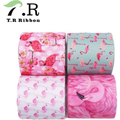 T.R RIBBON 10yards 50yards retail packaging 75mm heat transfer flamingos printed grosgrain ribbon for ribbon bows
