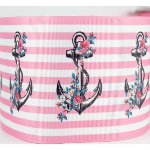 Pink striped anchor&flower printed grosgrain ribbon 16-75mm DIY handmade materials christmas wedding gift wrap tape ribbons