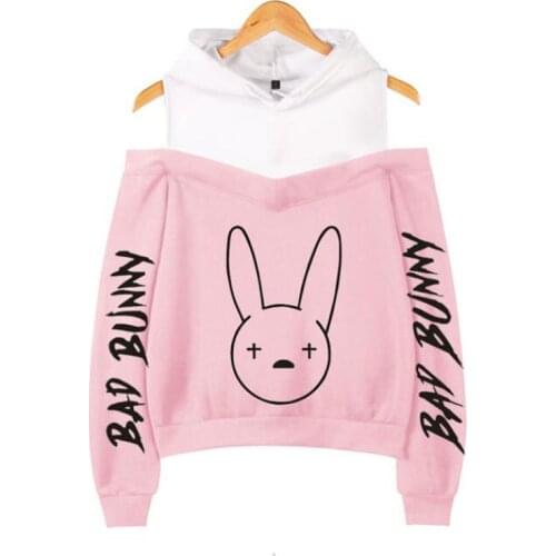 Rapper hip hop Bad Bunny Sexy Off Shoulder Hoodies Women Fashion Hooded Sweatshirt 2021 Hot Sale Streetwear Clothes