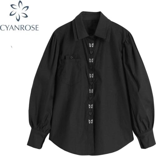 2020 Autumn Women Black Gothic Shirt Long Sleeve Turn Down Collar Loose Harajuku Vintage Streetwear Goths Blouse Tops Casual