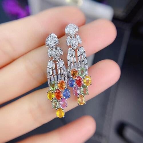 Luxurious thick tassels S925 silver natural Multicolor sapphire drop earrings natural gemstone women birthday party gift jewelry