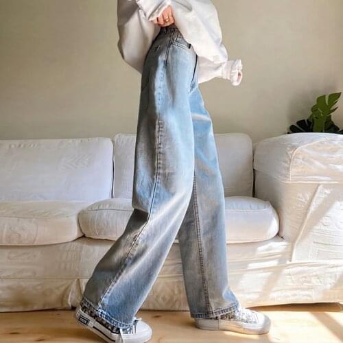 B-TOTO Retro Washed Blue Loose Straight Mopping Jeans Trendy Ins Female Was Thin 2021 New Fashion