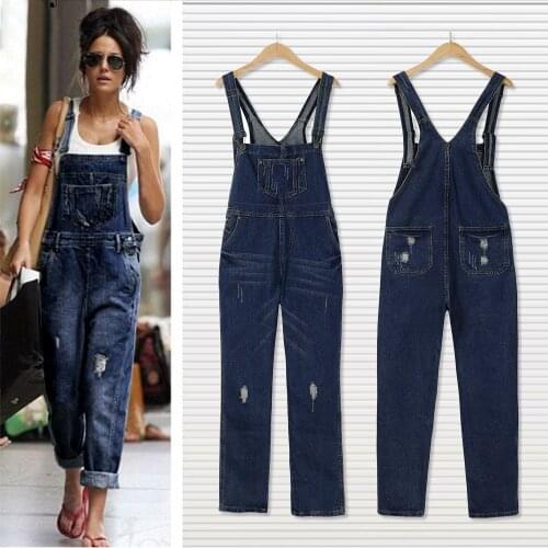 Women Denim Jumpsuit Ladies Spring Fashion Washed Hole Jeans Rompers Female Casual Plus Size Overall Playsuit Pocket Overalls