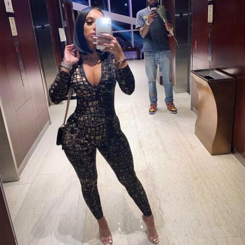 Vintage Jumpsuit Zipper Bodycon Y2k Printed Long Sleeve Rompers One Piece For Women Clothing 2021 Outfit Club Casual Jumpsuits
