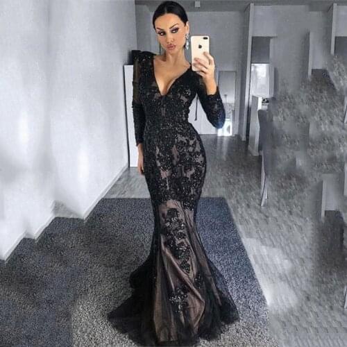 Smileven Mermaid Formal Evening Dress Long Sleeve Sexy V Neck Long Prom Party Gowns Custom Made Prom Gowns