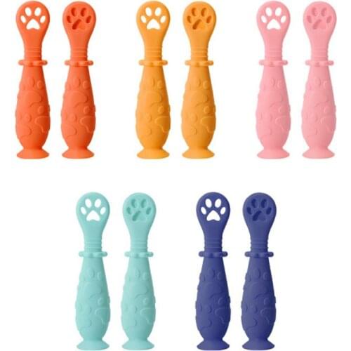 2Pcs/Set Cute Cartoon Pattern Baby Spoon Tableware Solid Color Auxiliary Baby Feeding Training Spoon Infant Tableware