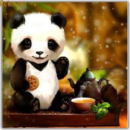Diamond painting cross stitch art Full diamond embroidery Animal Home Decor 5 round\square diamond mosaic Panda biscuit hot tea