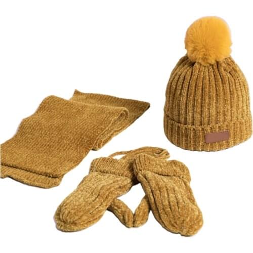 Kids 3Pcs Winter Warm Chenille Plush Lined Pom Beanie Hat Long Scarf Gloves Set H9ED