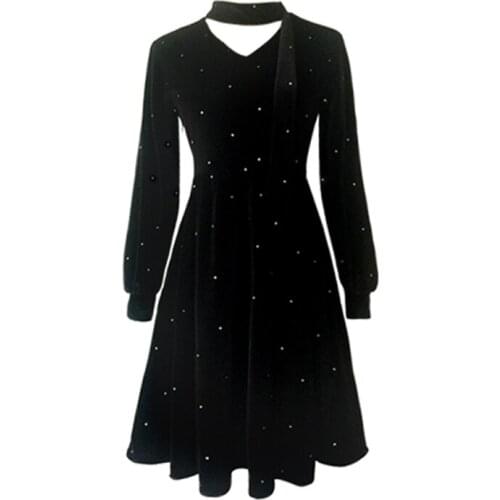 PERHAPS U Black Velvet V Neck Puff Sleeve Long Sleeve Short Mini Dress Elegant Winter Autum Bling Bling D1416