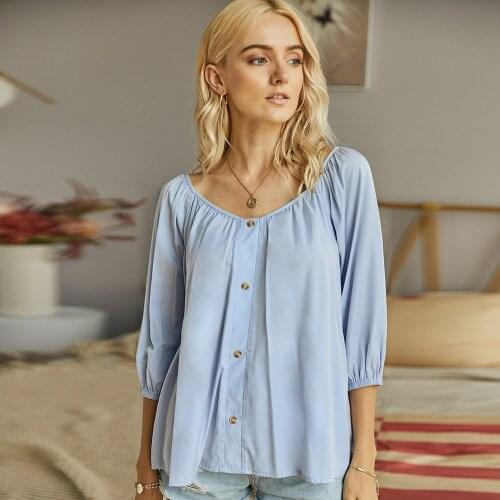 Womens New Summer V Neck Sexy Seven Quarter Sleeve Single Breasted O Neck Female T Shirt Fashion Casual Loose Ladies Blouses