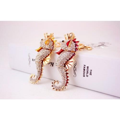 Hippocampus Crystal Keychain Full Rhinestone Key Holders Women Bag Charm Ocean Animal Car Accessories Key Chain Metal Key Ring