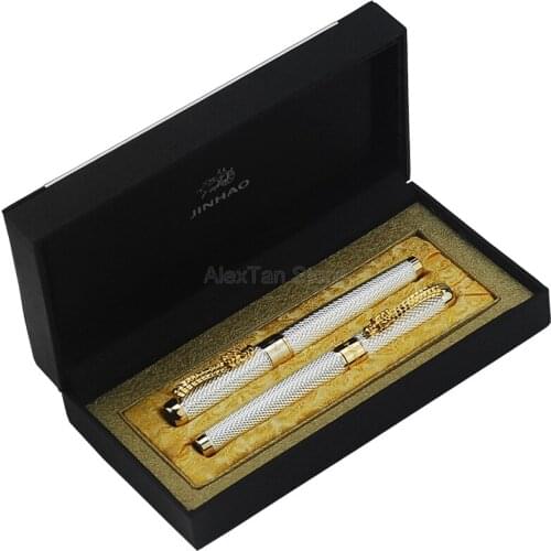 Jinhao 1200 Classic Fountain Pen & Roller Ball Pen Beautiful Ripple with Dragon Clip, Silver Metal Carving With Gift Box Set