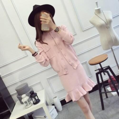 2 Piece Set winter cardigan long sleeve Top And Skirt Set Dresses black blupink Knitted two piece set with Jackets QR65