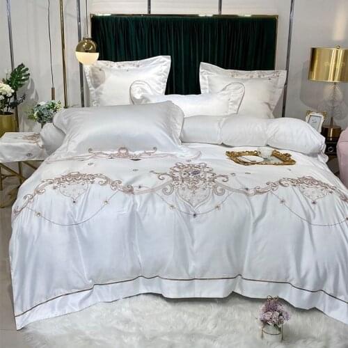 White Gray Blue Soft Breathable Satin Washed Silk Cotton Embroidery Bedding Set Duvet Cover Bed Linen Fitted Sheet Pillowcases