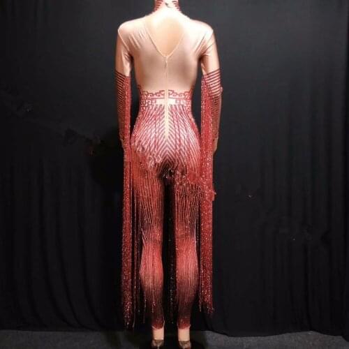 Glisten Crystals Red Jumpsuit Sexy Long Tassel Women Outfit Nightclub Female Singer Costume Stage Dance DS Performance Clothing
