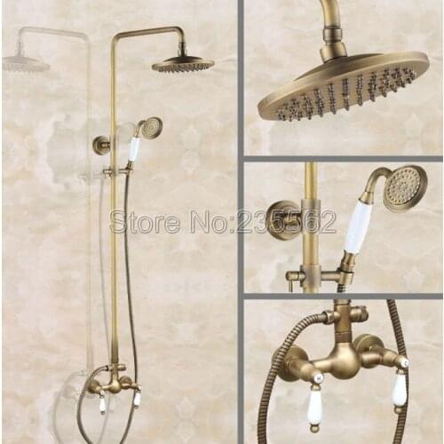 Antique Brass Bathroom Wall-mount Shower Faucet Set w/ Handheld shower & Rain Shower Head Mixer Tap lan118