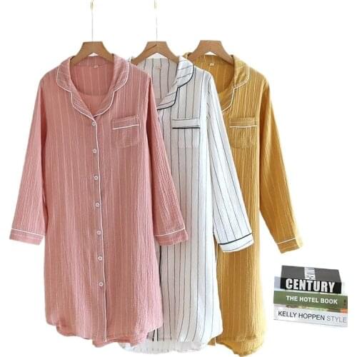 46d-3Spring simple Striped nightgowns women 100% cotton crepe Japanese nightdress Long sleeve indoor sleep dress women sleepwear