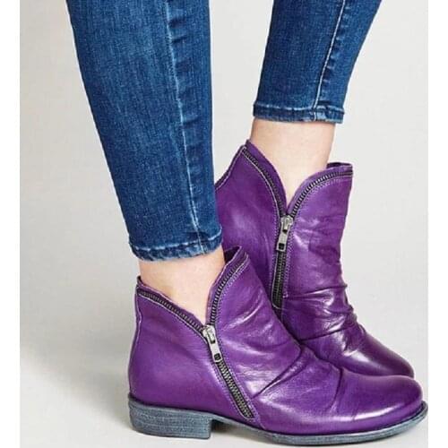 New Winter Womens Fashion And Comfortable Zipper Flat Retro Chelsea PU Leather Round Toe Ladies Nude Boots