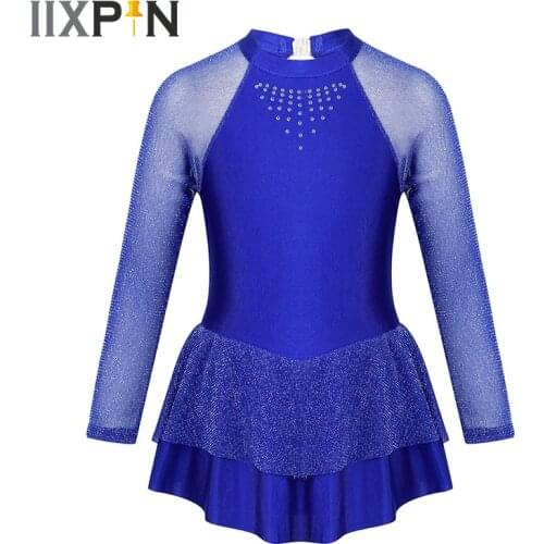 Girls Ice Skating Dress Ballroom Ballet Dress Shiny Long Sleeves Mock Neck Rhinestone Keyhole Back Figure Skating Dress Leotards