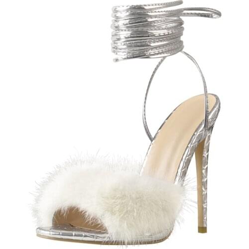 Silver HIgh Heels Strappy White Feather Sandals Richealnana Ankle-Wrap Slip-On Shoes Rhombic Slingback Stilletos Large Size