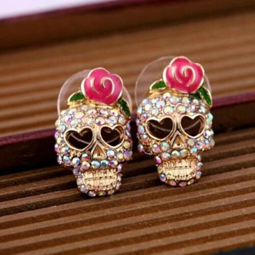 Steampunk Gold Color Skull Earrings Fashion CZ Crystal Stud Earrings for Women girl Small Jewelry zakol earrings gipsy earrings
