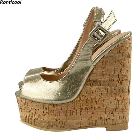 Ronticool Handmade Women Slingback Sandals Crackle Pattern Sexy Wedges High Heels Open Toe 5 Colors Dress Shoes Size 45 47 49 52