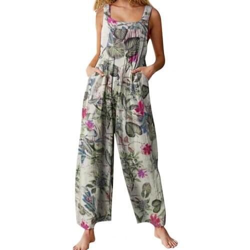 Women Jumpsuits Suspenders Pants Landscape Floral Print Breathable Women Sleeveless Landscape Floral Print Jumpsuits for Summer