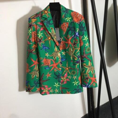 High Quality Green Long Sleeve V-Neck Starfish Print Blazer Classic Women Fashion Office Luxury Coat Jacket Tide Runway Clothes