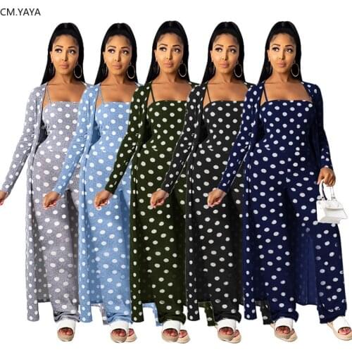 CM.YAYA Women Dot Print Two Piece Set X-long Maxi Clock Top Jumpsuit Suit Vintage Knitted Tracksuit Matching Set Fashion Outfits