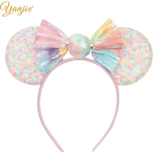 2021 New Candy Sequin Mouse Ears Hairband For Women Girls Macaron Sequin Bow Ears Headband Kids Birthday Party Hair Accessories