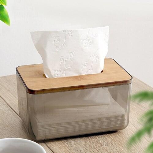 Desktop Tissue Storage Box Transparent Dustproof Wet Wipes Dispenser Paper Napkin Holder Bamboo Cover Case For Home Office Car