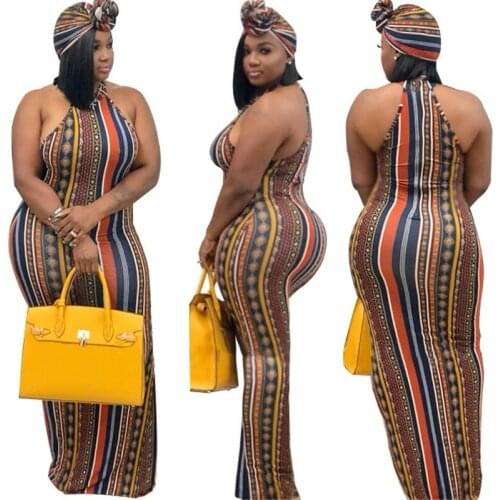 For women in the new 2020 African suit and sexy stripes Bohemian print dress (including headscarf)